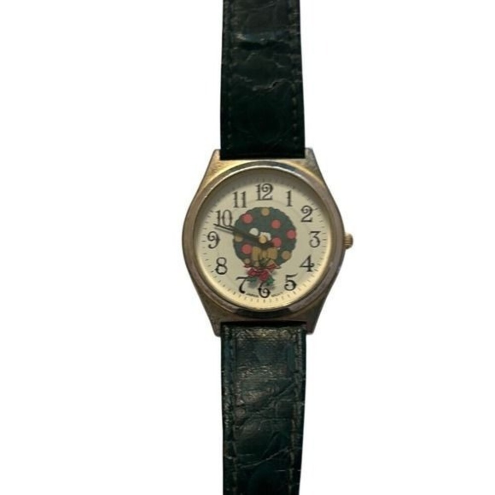 Milan MLN1000 Christmas Wreath Quartz Watch Green Croc Leather Strap Gold Bezel